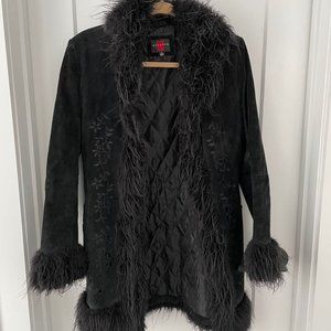 Vintage Black Shearling Sheepskin Embroidered Coat